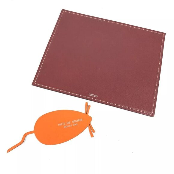 HERMES Bicolor PC PC interior Logo Mouse Pad Leather Red/Brown - Picture 5 of 12